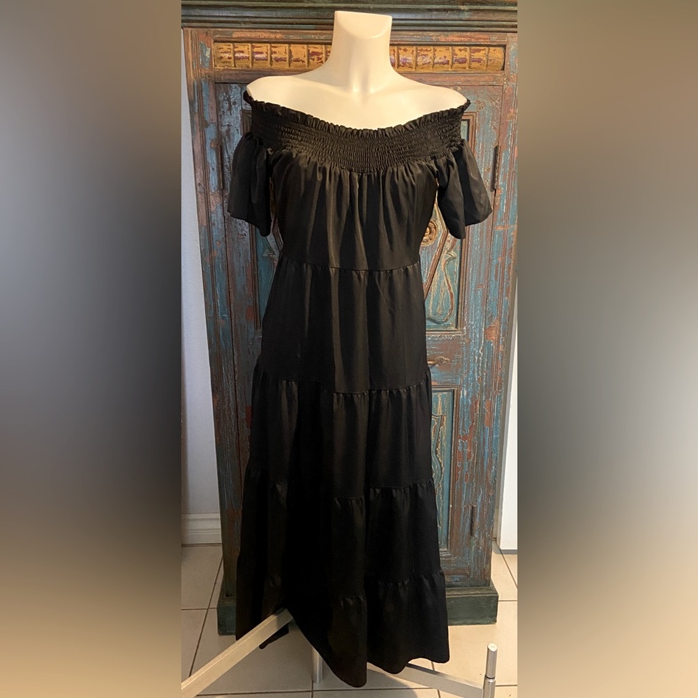 Black Flowy Dress— no brand, satin feel, wear off or on shoulders